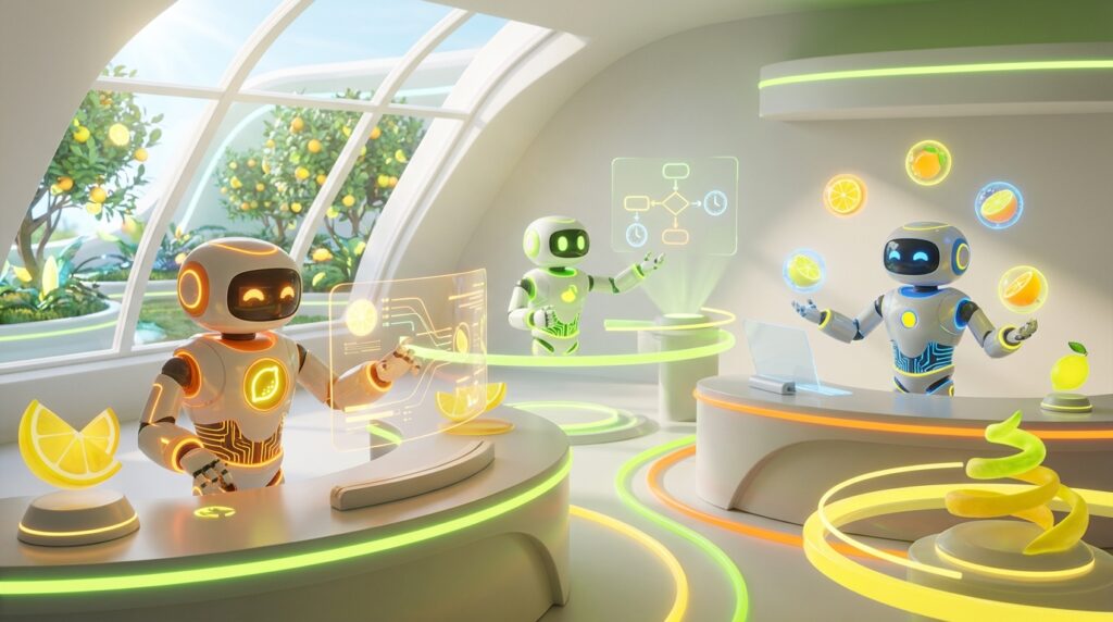 How AI Helped Me illustrated by 3D robots collaborating in a vibrant citrus-lit tech studio, streamlining tasks with innovation, focus, and dynamic teamwork.