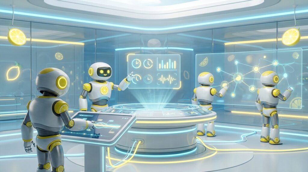 Team of friendly AI robots collaborating in a bright, modern tech space with citrus accents, showing how AI helps you save time, focus better, and work smarter.