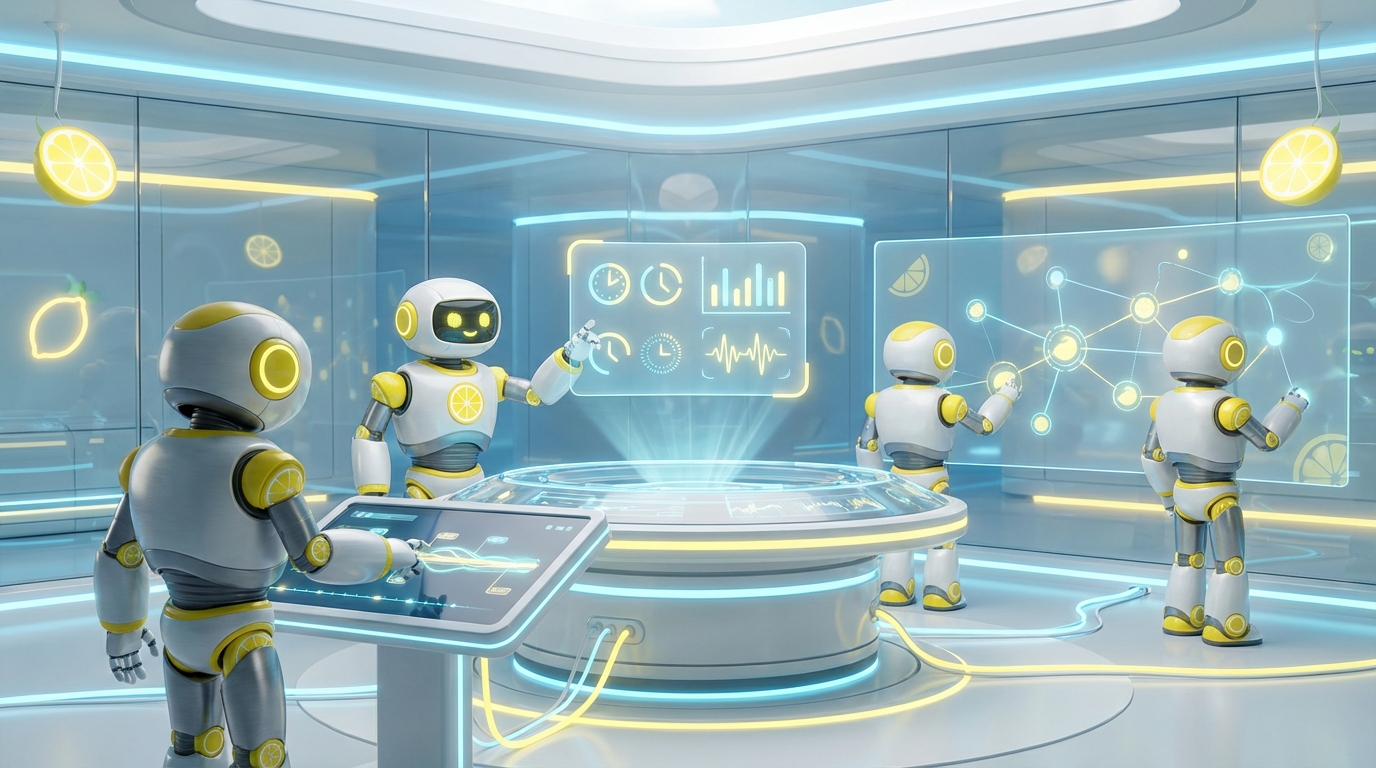 Team of friendly AI robots collaborating in a bright, modern tech space with citrus accents, showing how AI helps you save time, focus better, and work smarter.