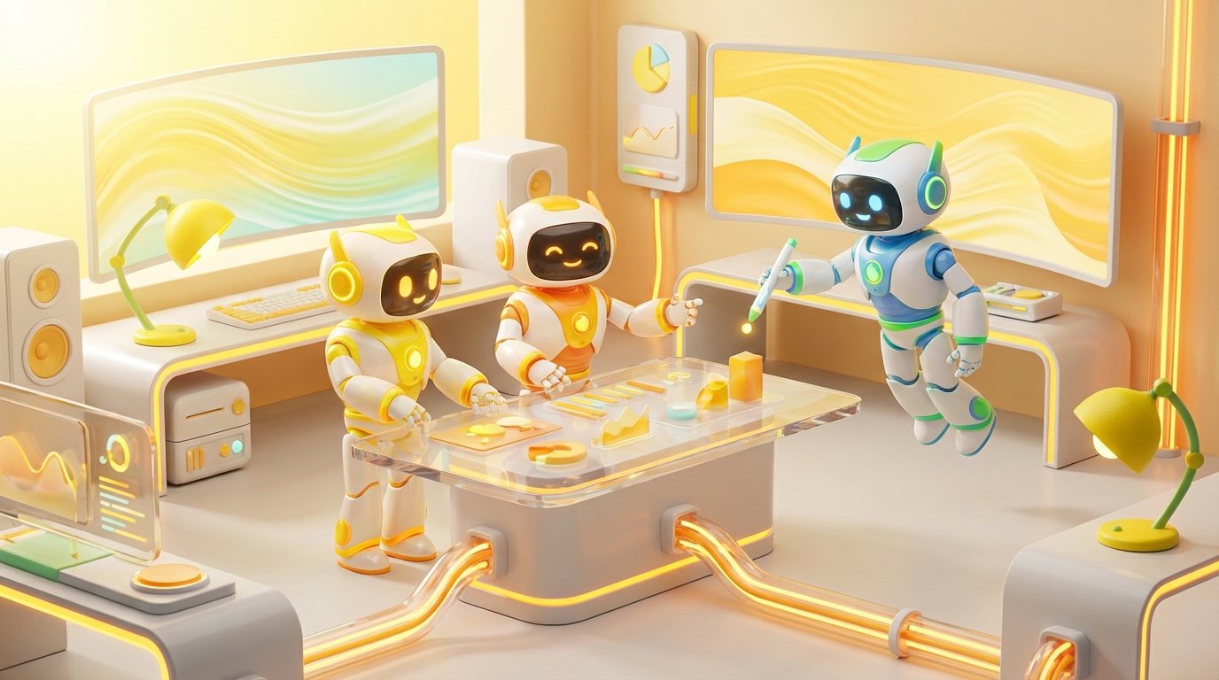 Team of friendly AI robots collaborating in a bright, modern tech space with citrus accents, showing how AI create freedom by reducing workload and boosting clarity.