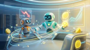 Team of friendly AI robots collaborating in a bright, modern tech space with citrus accents, showing how AI move teams from stress to confidence through support.