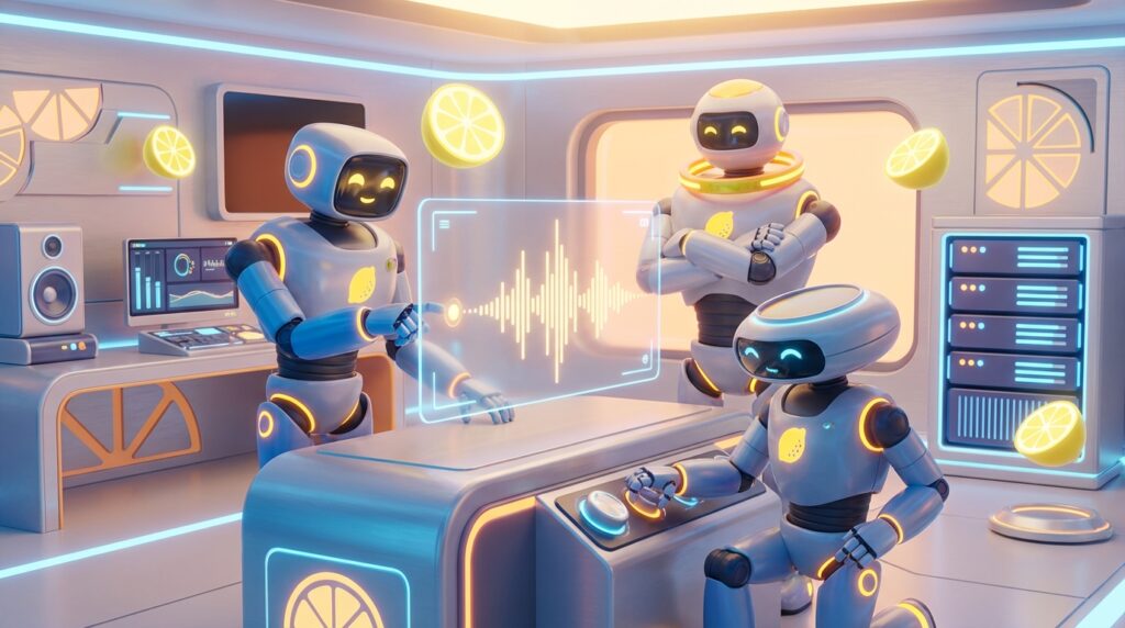 Collaborative 3D robots in a bright lemon-themed office, illustrating the personal story of How I Built an AI.