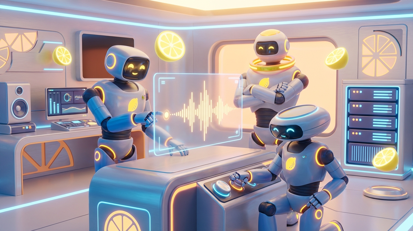 Collaborative 3D robots in a bright lemon-themed office, illustrating the personal story of How I Built an AI.