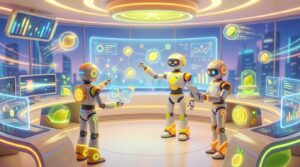 Team of friendly AI robots collaborating in a bright, modern tech space with citrus accents, showing how to turn an AI threat into partner for teams today.