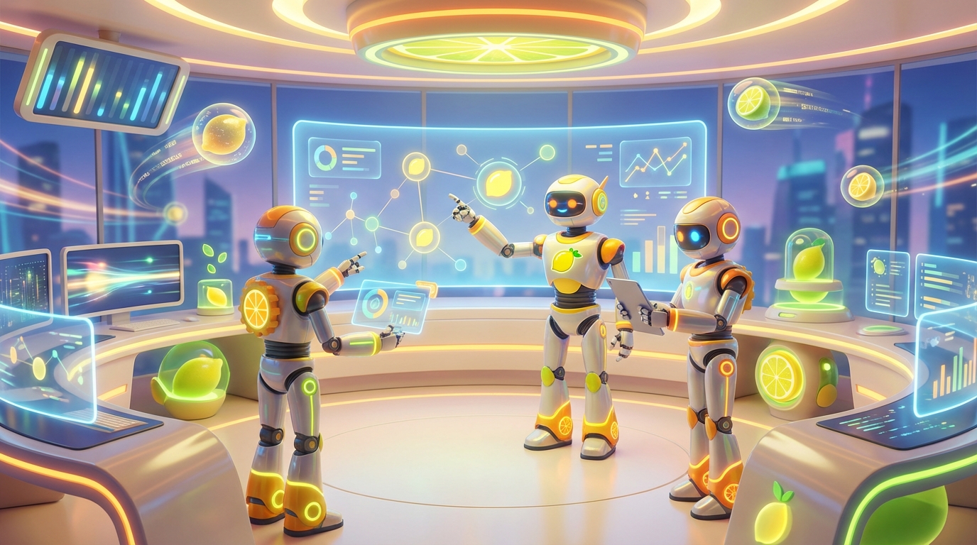 Team of friendly AI robots collaborating in a bright, modern tech space with citrus accents, showing how to turn an AI threat into partner for teams today.
