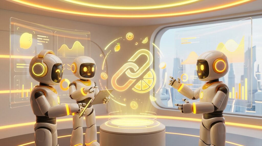 Energetic 3D robots in a citrus-themed lab depicting steps to Build AI Agents for How to Build AI Agents People Can Trust.