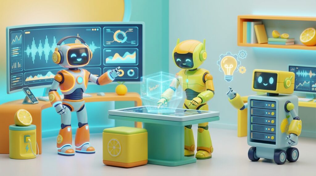 Team of friendly AI robots collaborating in a bright, modern tech space with citrus accents, illustrating how to build an AI agent that listens, learns, and adapts.