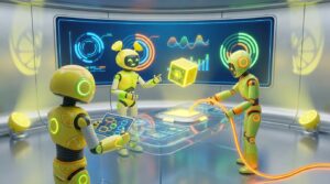 Build an AI Agent shown as friendly 3D robots collaborating in a vibrant citrus-lit tech studio, creating smart systems with innovation.