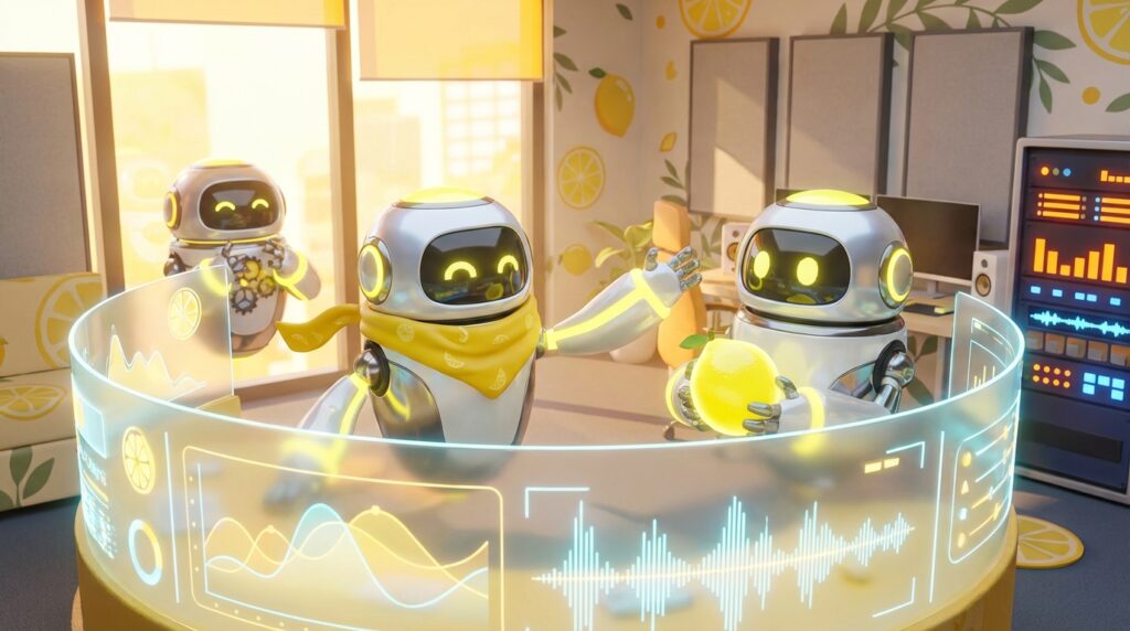Team of friendly AI robots collaborating in a bright, modern tech space with citrus accents, illustrating how to make AI assistants feel more human and relatable.
