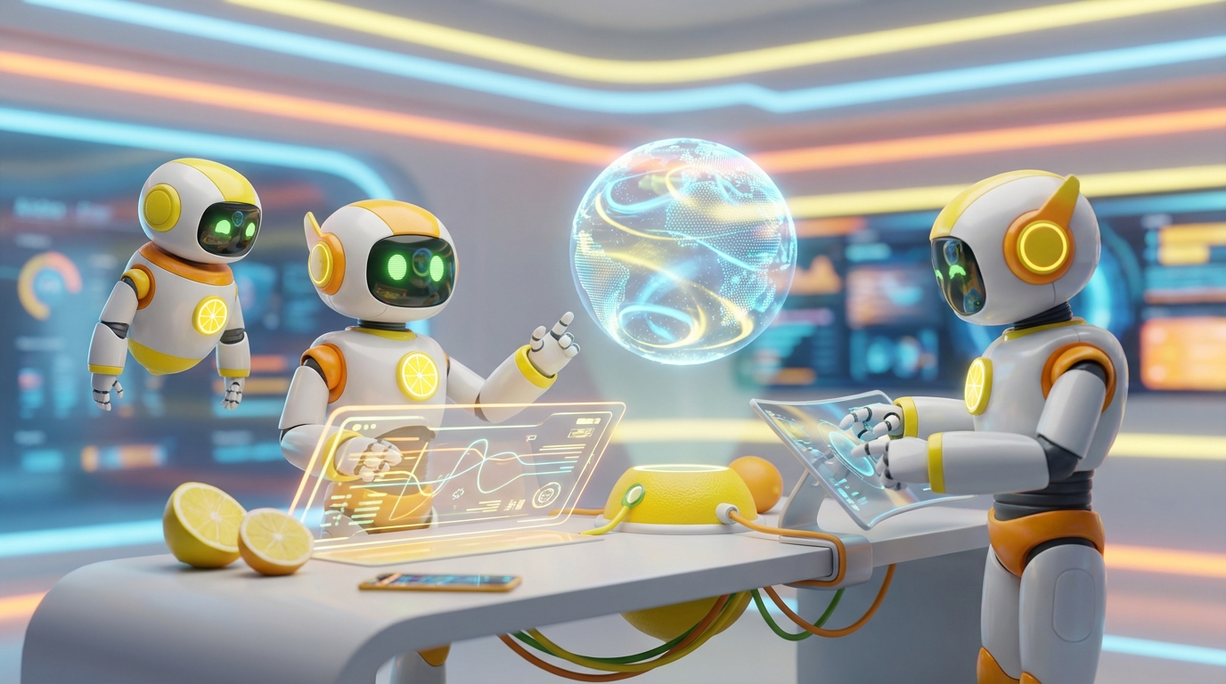 3D robots in a citrus-themed lab collaborate to visually represent Prompt Injection Explained in Simple Terms.
