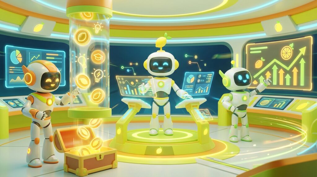 Smart AI Agents visualised as friendly 3D robots collaborating in a vibrant citrus-lit tech studio, transforming knowledge into innovative, value-driven systems.