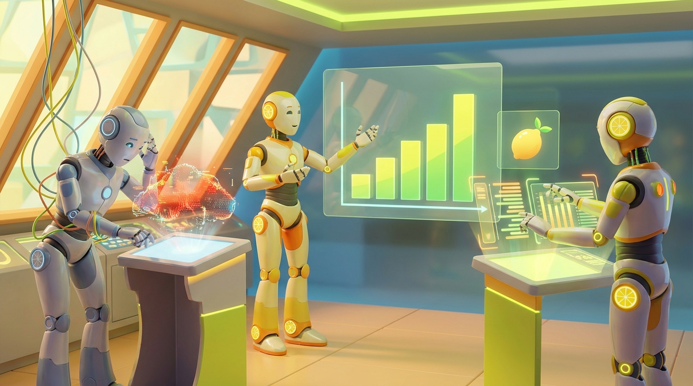 Team of friendly AI robots collaborating in a bright, modern tech space with citrus accents, visualising the AI journey from stress and confusion to confidence and clarity.