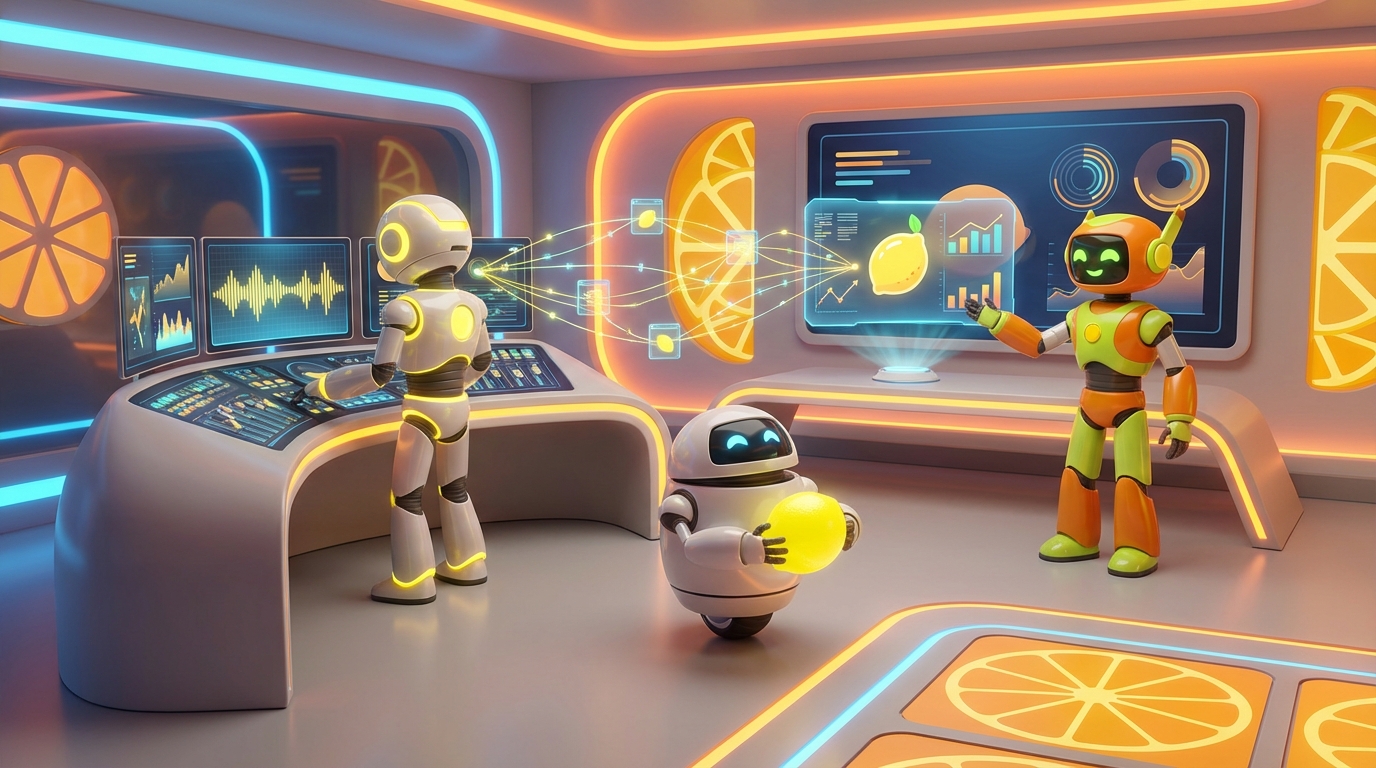 Automate With AI illustrated by friendly 3D robots collaborating in a vibrant citrus-lit tech studio, streamlining tasks through innovation and teamwork.