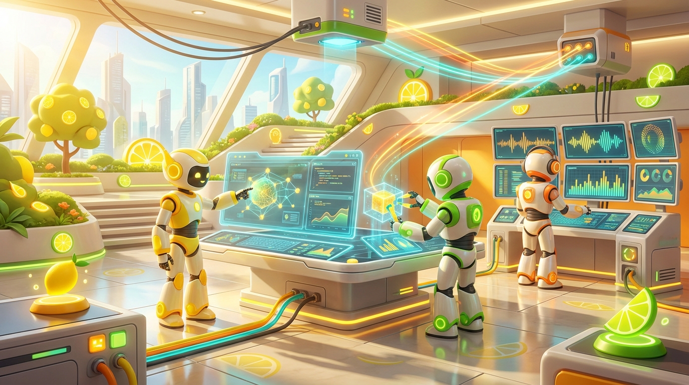 Collaborating 3D bots in a vibrant lemon-hued environment depict What Agent Builders Should Know About RCE.