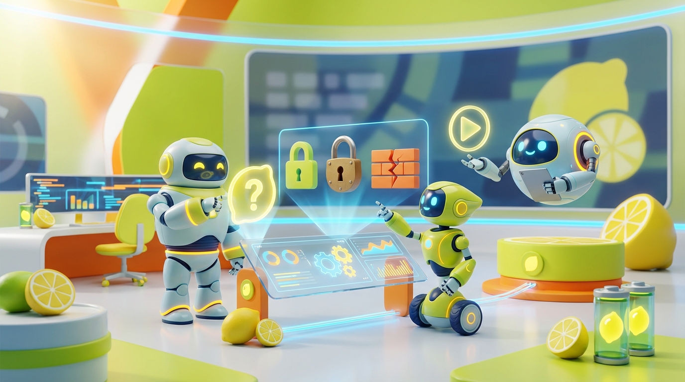 Team of friendly AI robots collaborating in a bright, modern tech space with citrus accents, visualising three common AI myths that limit adoption and progress.
