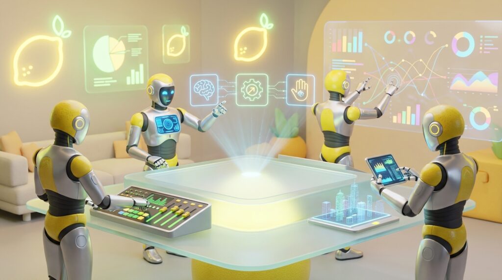 Friendly 3D robots collaborating in a vibrant citrus workspace, visualizing innovative ideas for Building Better AI.