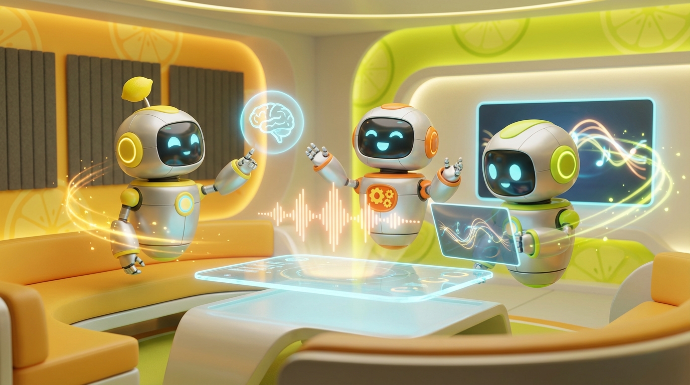 Cheerful 3D robots in a citrus-themed office, visualizing the positive emotional Benefits of Using AI support.
