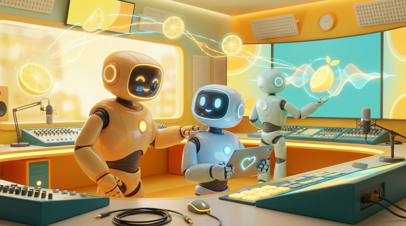 Team of friendly AI robots collaborating in a bright, modern tech space with citrus accents, highlighting the emotional benefits of AI agents such as calm, focus, and clarity.