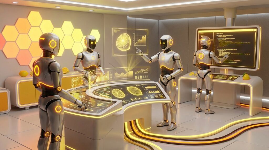 Team of friendly AI robots collaborating in a bright, modern tech space with citrus accents, illustrating what happened when I let AI run my business.