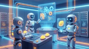 Friendly AI robots in a modern citrus setting, highlighting collaboration rather than the fear of AI Taking Jobs.