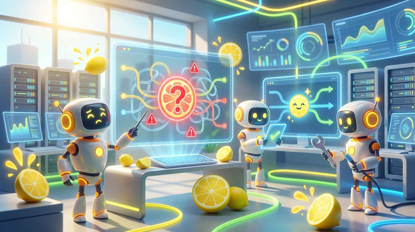 Efficient 3D robots collaborating in a bright citrus office, visualizing the solution to a Common AI Mistake.