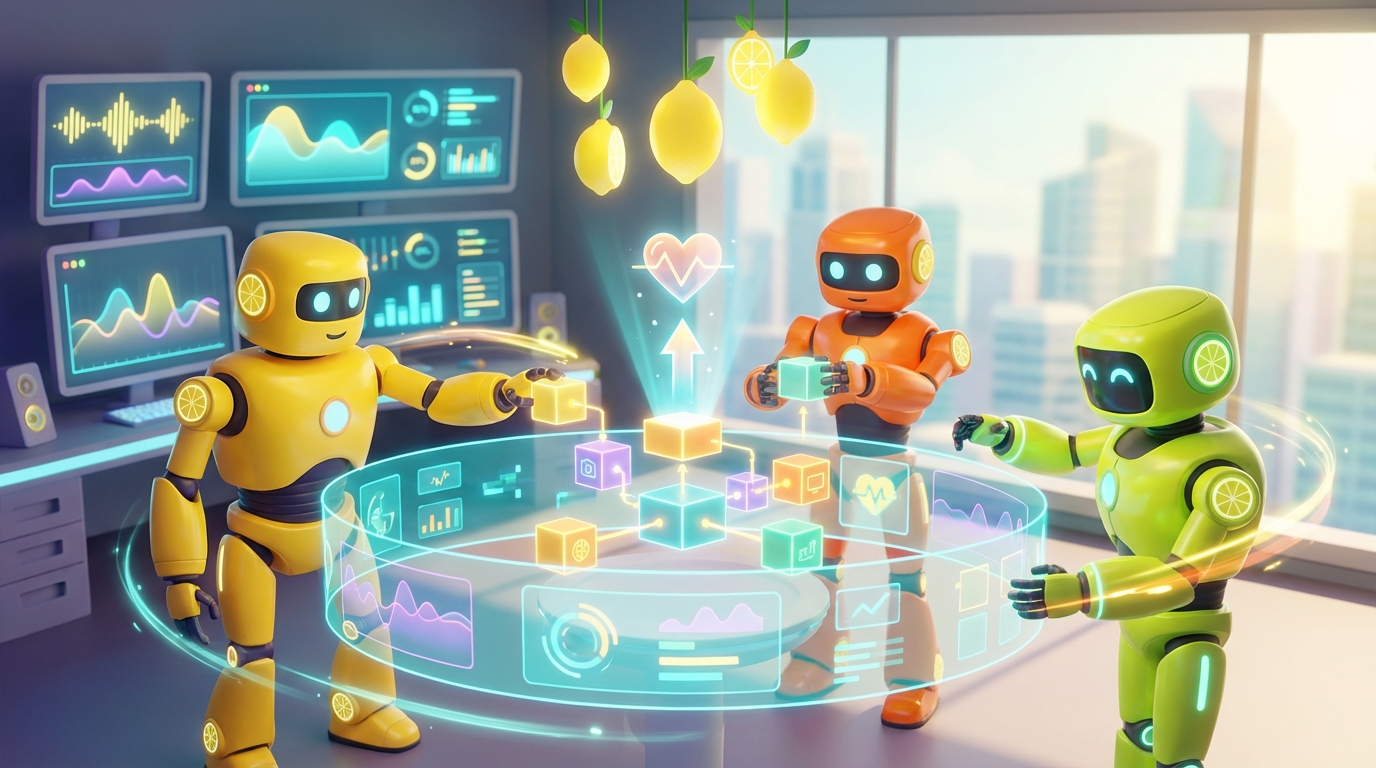 Team of friendly AI robots collaborating in a bright, modern tech space with citrus accents, exploring the human value unlocked by no code AI tools.