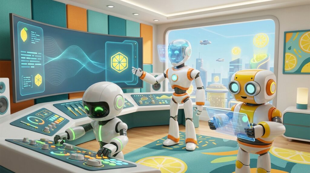 Dynamic AI Assistants shown as friendly 3D robots collaborating in a vibrant citrus-lit tech studio, building smart workflows with energy and innovation.