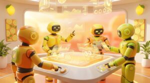 Personal AI Teams illustrated by friendly 3D robots collaborating in a vibrant citrus-lit tech studio, driving innovation and seamless teamwork.