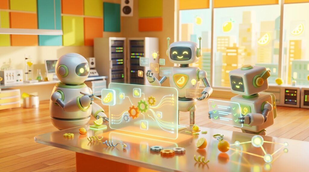 Friendly 3D robots in a citrus-themed office, visualizing how simple Automations streamline tasks.