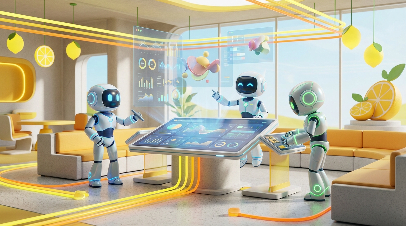 AI Reflect You shown as friendly 3D robots collaborating in a vibrant citrus-lit tech studio, symbolising innovation, creativity, and aligned intelligence.