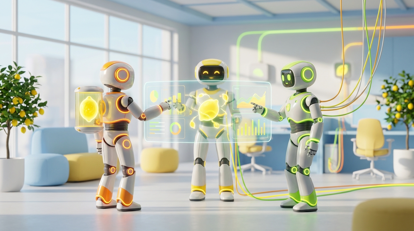 Team of friendly AI robots collaborating in a bright, modern tech space with citrus accents, illustrating when AI start working like a teammate within teams.