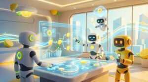 Collaborative 3D robots in a modern office with lemon accents, visualizing how teams Integrate AI for better workflows.