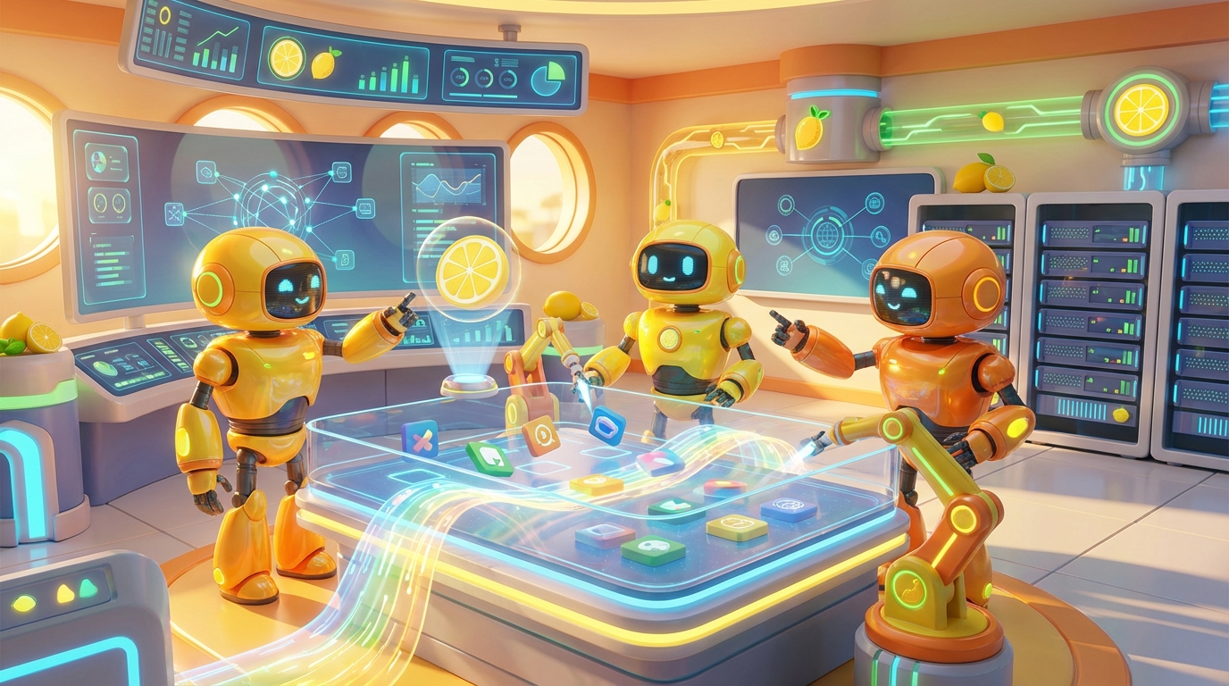 Digital Workforce visualised as friendly 3D robots collaborating in a vibrant citrus-lit tech studio, driving innovation, motion, and seamless teamwork.