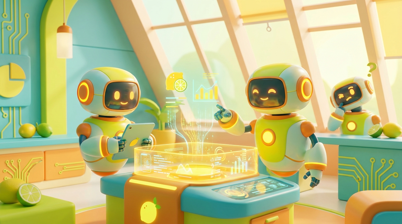 Friendly 3D robots in a citrus-themed office, showcasing the collaborative tech benefits often missed when People Avoid Using AI.