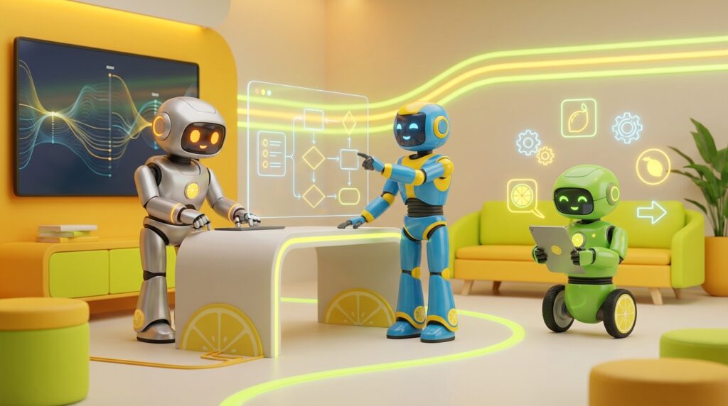 Doubting AI visualised as 3D robots collaborating in a vibrant citrus-lit tech studio, refining workflows through analysis, innovation, and focused teamwork.
