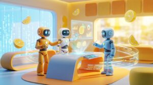 Team of 3D robots collaborating in a bright citrus-accented office, symbolizing the strategy to Scale Faster.