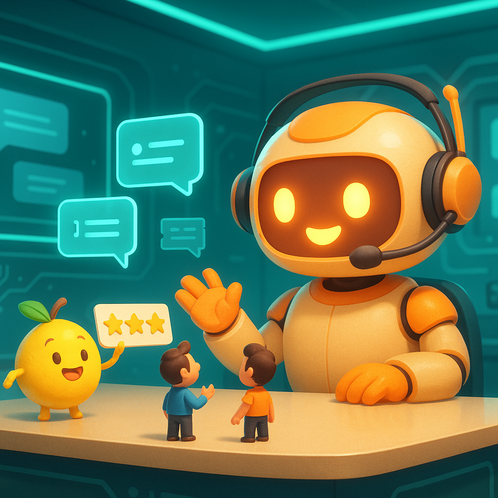 Collaborative 3D robots explore creative solutions inside vibrant lemon workspaces mastering AI Customer Support Without Losing the Human Touch.