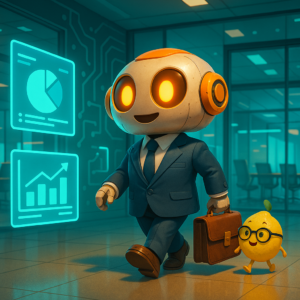 Efficient 3D robots in a vibrant citrus office, illustrating the post AI for Consultants: How to Bill More Hours by Working Less.