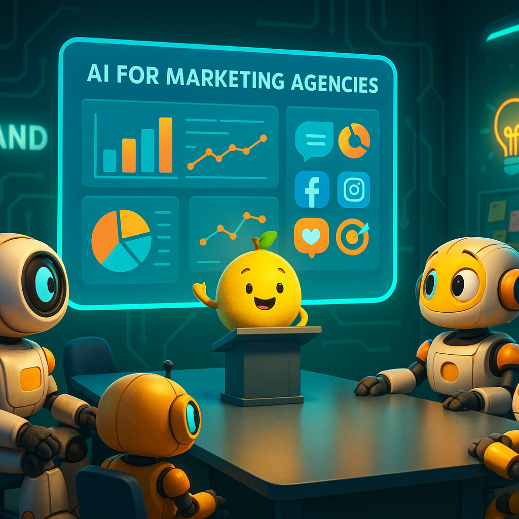 Tech-savvy 3D bots analyzing data in a vibrant citrus room, portraying the post AI for Marketing Agencies: 5 Tasks to Delegate This Week.