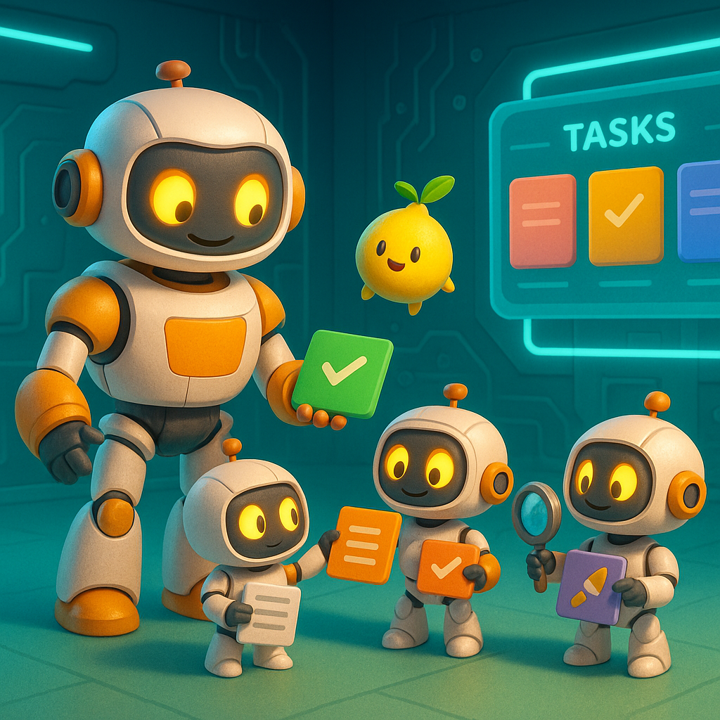 Smart 3D AI machines handling tasks in a sunny studio, detailing the blog How to Delegate Tasks to AI (Without Being Technical).