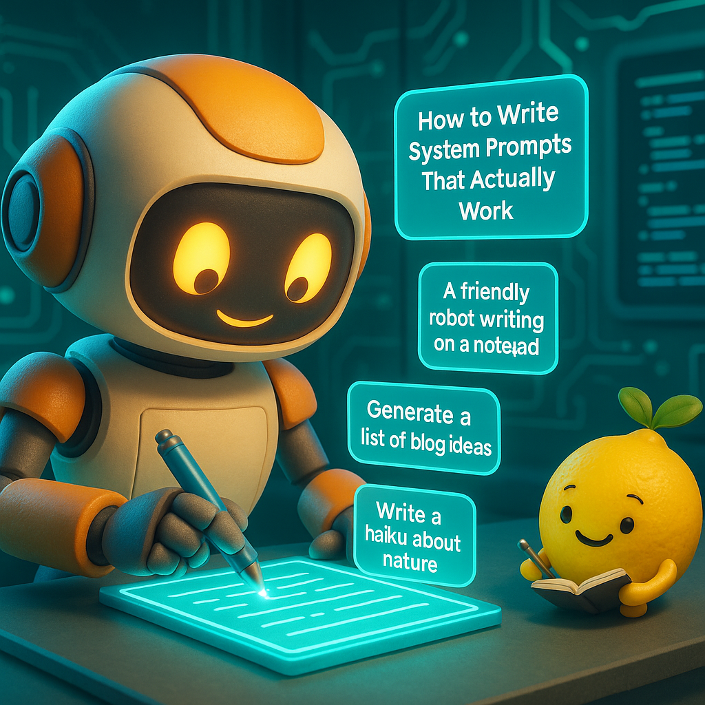 3D AI bots team up in a vibrant tech lab, illustrating the article How to Write AI System Prompts That Actually Work (5 Steps).