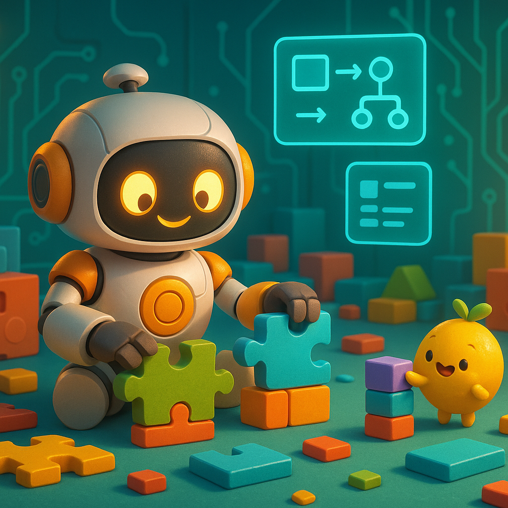 Dynamic 3D bots in a yellow tech lab using No-Code AI, visualizing the post 10 No-Code AI Tools That Actually Work in 2026 (Tested).