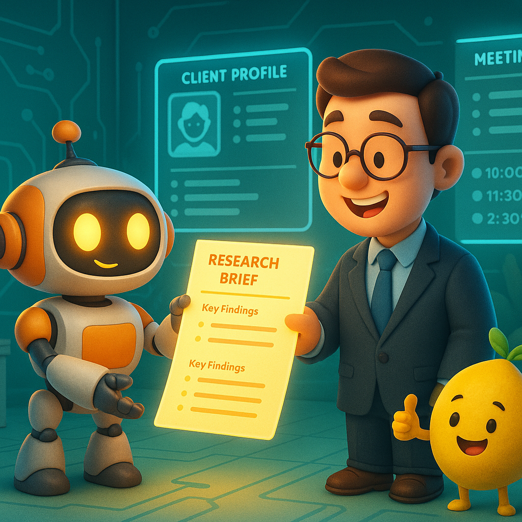 Energetic 3D robots collaboratively analyzing data within vibrant modern lemon workspaces highlighting I Stopped Doing Client Research Manually.