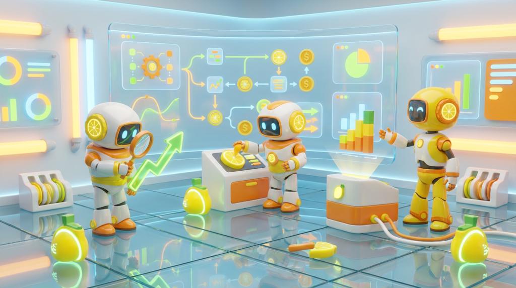 3D-rendered AI agents collaborating in a dynamic, modern workspace, showcasing efficient AI agent workflows driving quick business value.