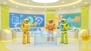 Three AI robots collaborate in a dynamic, modern workspace, illustrating the AI agent builder concept in the context of build vs buy decisions with vibrant citrus accents.