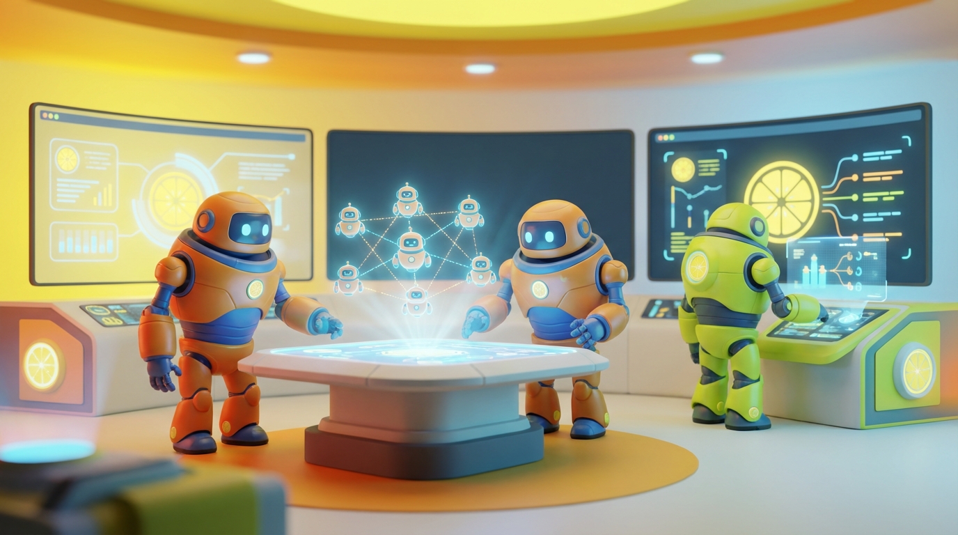 Three AI robots work together in a vibrant, modern workspace, showcasing the AI agent marketplace concept versus building your own, with citrus-inspired 3D design.