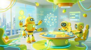 Three AI robots interact in a bright, modern workspace highlighting AI Agent vs Chatbot differences with vibrant citrus-inspired 3D design.