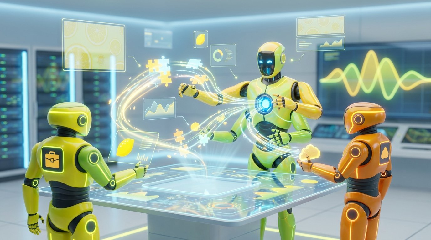 High-quality 3D illustration of AI agents collaborating in a sleek tech environment, visualizing AI agent vs SaaS tools comparison without any text.