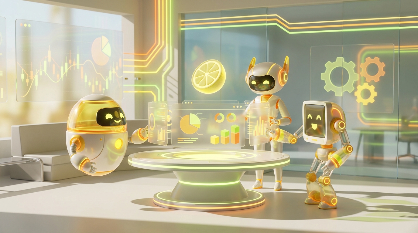 3D-rendered friendly AI robots working together in a vibrant, modern office space, illustrating AI agents for accounting firms.