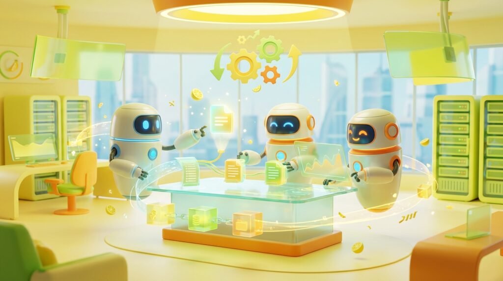 3D-rendered friendly AI robots working collaboratively in a vibrant, tech-forward environment, illustrating AI audit trails for regulated businesses.